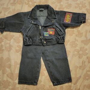 Vintage '90s Kids Black Denim Motorcycle Jacket and Pants Set By Hopscotch